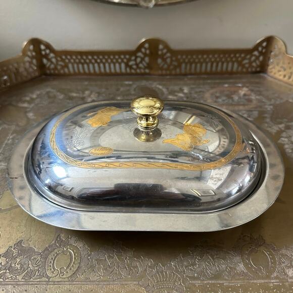 MCM Stainless Steel Lidded Butter Dish caviar cake tray set gold floral fasix - Picture 4 of 16